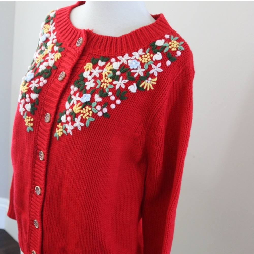 POL Red Floral Embroidered Cardigan, Modern take on Vintage Style
